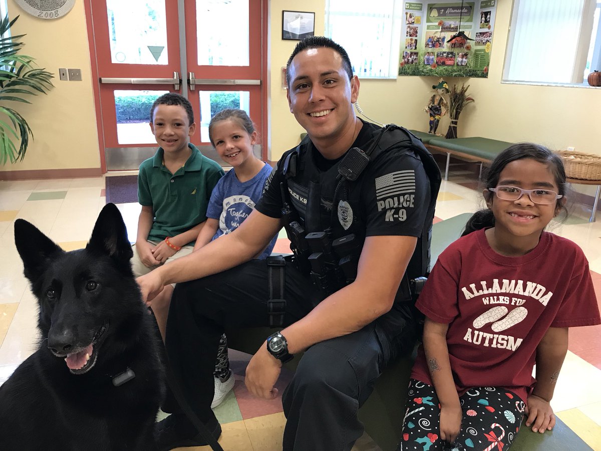 Officer Brian & K-9 Officer Valco are in the house! Thank you to our good friends & neighbors with the City of Palm Beach Gardens for being with us every day & keeping us safe! #StrongSchoolsPBC #StrongCommunities #woof! #puppersanddoggos #friends 👮‍♂️🐕🐝