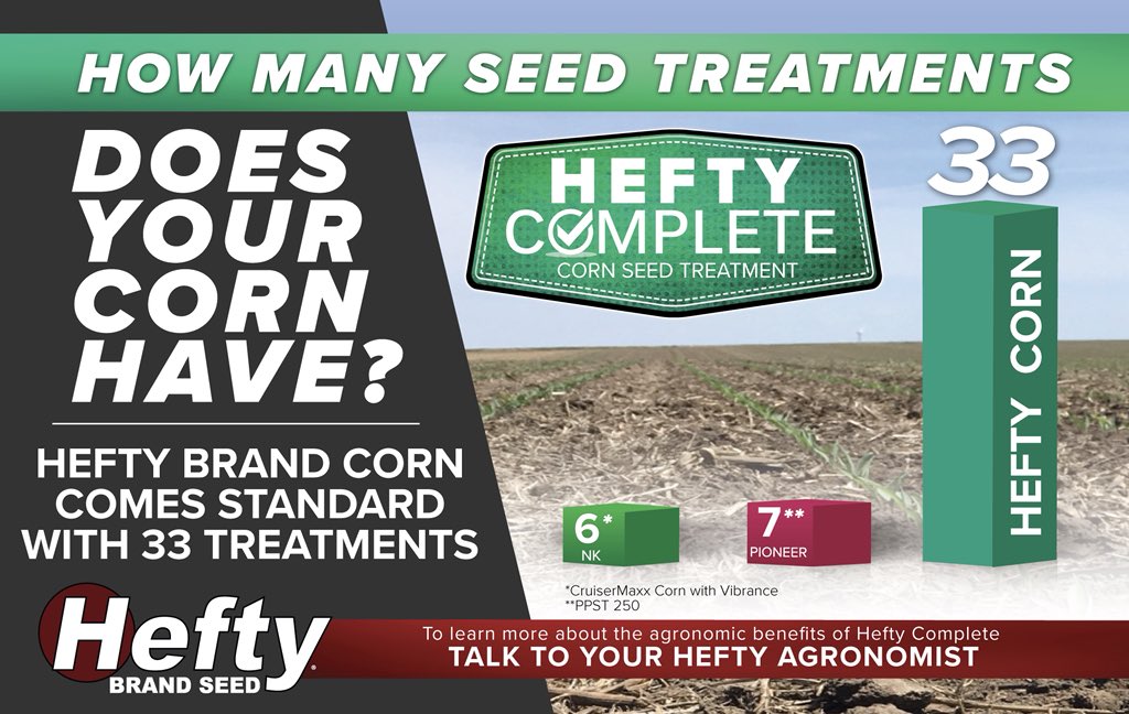 HeftySeed_NIL's tweet photo. Does your corn have 33 treatments on it? If not, you NEED to check out #heftycomplete! Visit our website https://t.co/EhQgUcpLW6 or contact a sales agronomist today! #heftyields https://t.co/8qdPTMbmJe