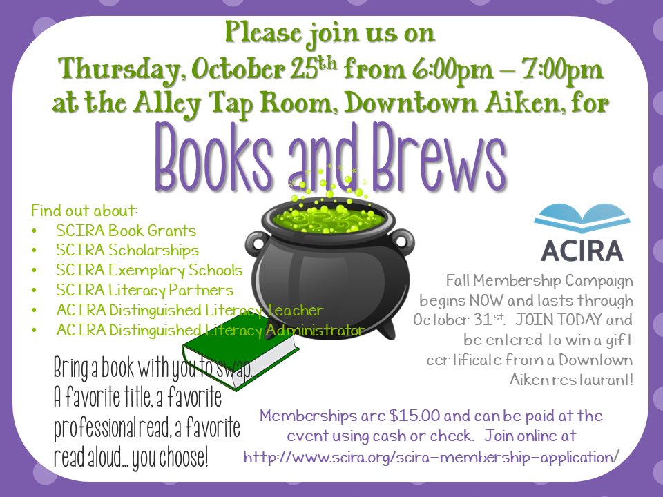 MeganSBush's tweet photo. Join us Thursday, October 25 at @alleytaproom from 6-7 for Books and Brews! Bring a book with you to swap: a favorite title, a favorite professional read, a favorite read aloud.... you choose! #fortheloveofliteracy #acira @AlfordOnTheGo @AikenPublicSch @ila @scirareads https://t.co/jWB0PdbqkQ