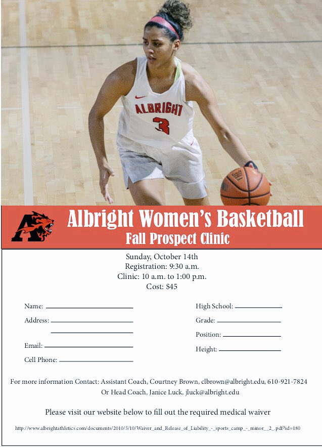AlbrightWBB's tweet photo. Register for our 2018 Prospect Clinic‼️🏀There’s still time to sign up! Click on the link below to find out more details⤵️
https://t.co/KNFSnSNsQi
🗓Sunday, October 14th
⏱10:00am-1:00pm 
📍Albright College
DM for any questions! https://t.co/LY05aIk4kP
