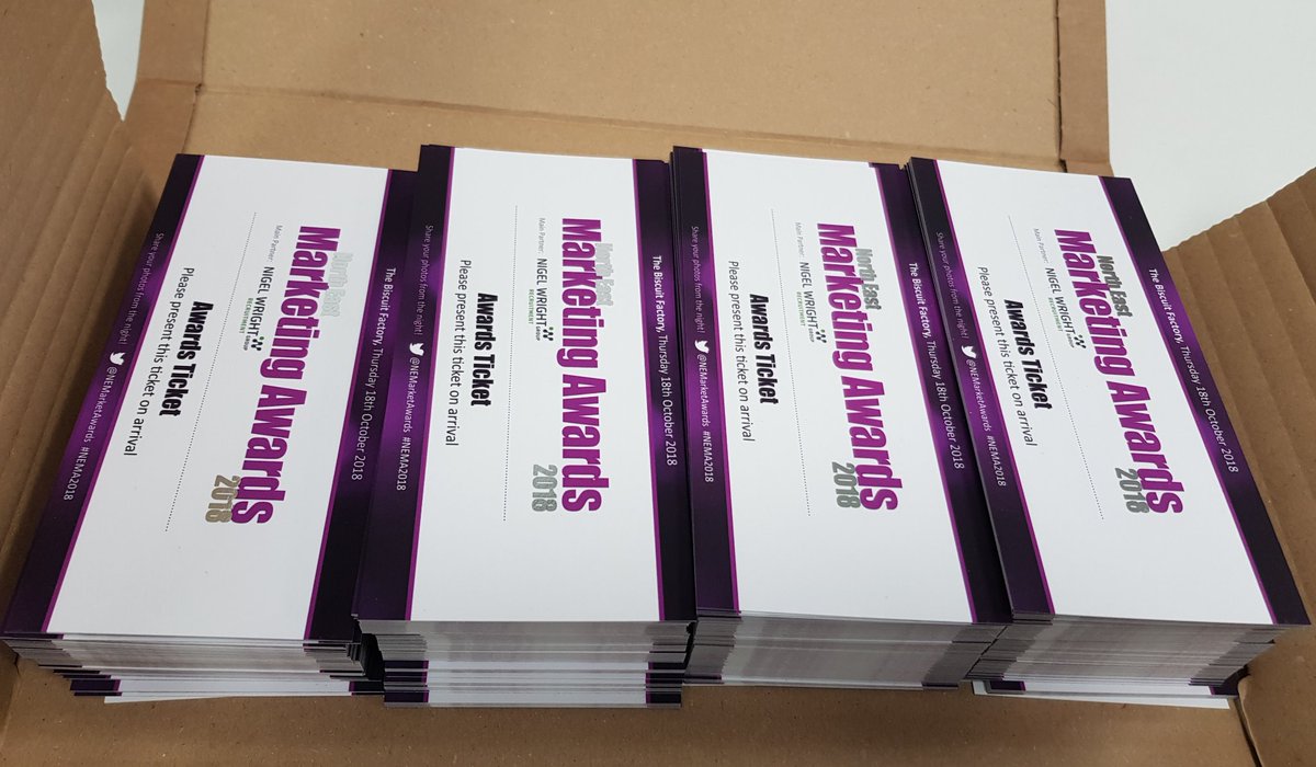 NEMarketAwards's tweet photo. They've arrived! Look out for your tickets landing on your desk this week! Huge thanks to our category sponsors @NPSgateshead for a beautiful print job! We're feeling very snazzy! #NEMA2018 #celebratingexcellence #printismint #awards https://t.co/Fwx5TjLrEd