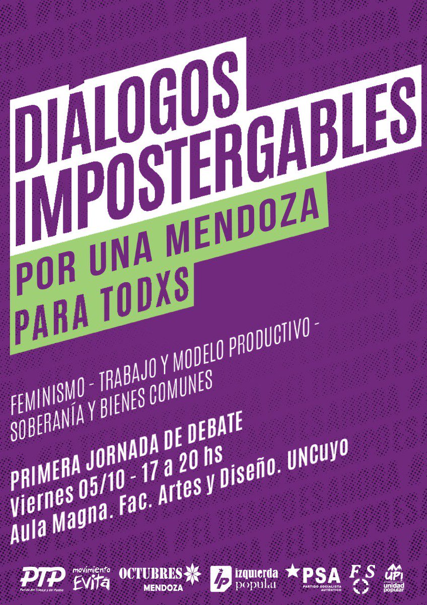 movevitamendoza's tweet photo. Este viernes se viene la primer jornada de debate en #Mendoza
#DialogosImpostergables sobre Feminismo, Trabajo y Modelo Productivo, Soberanía y Bienes Comunes
Viernes 17 hs en la @UNCuyo https://t.co/O55ivTIFpl