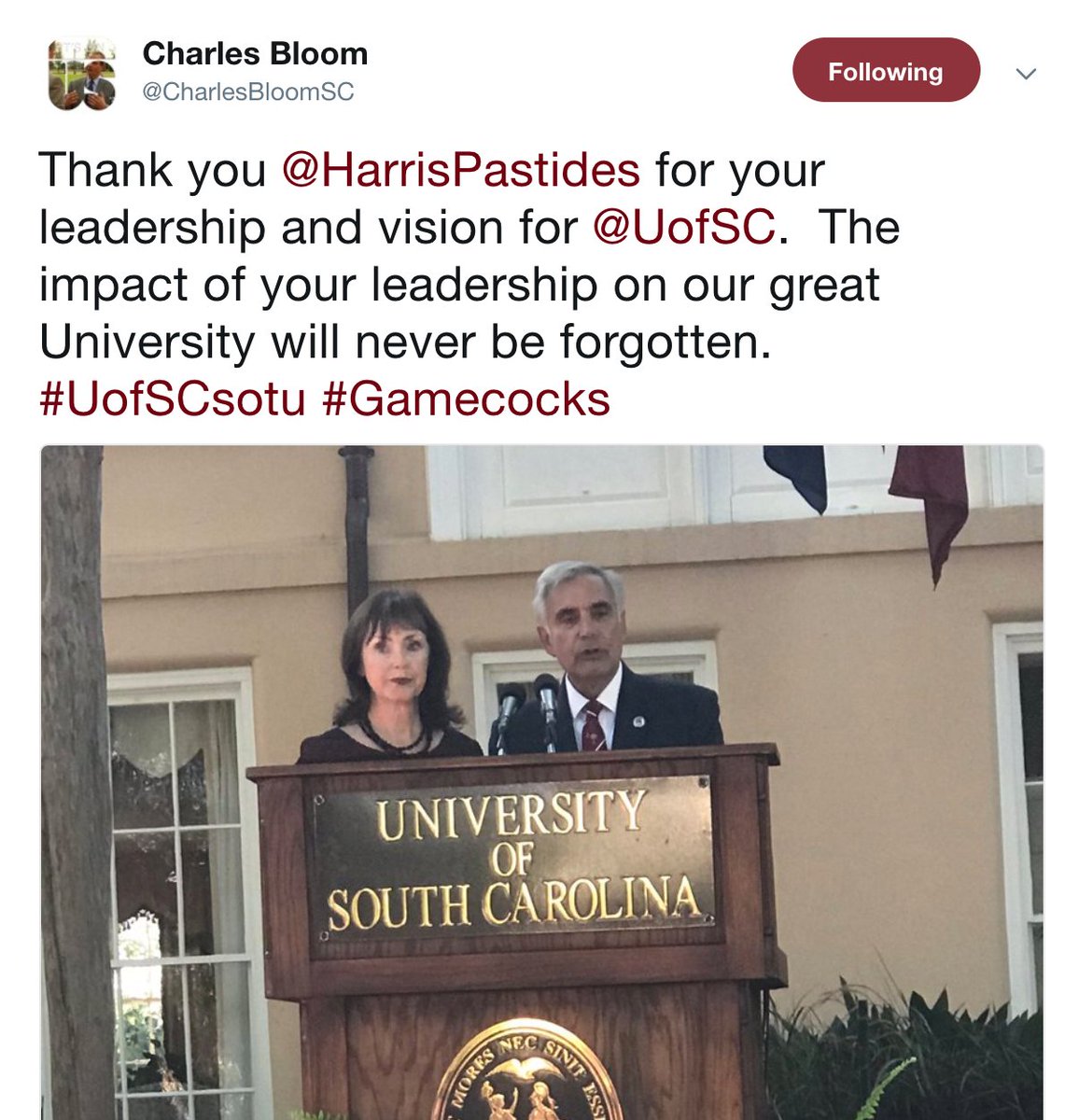 UofSC's tweet image. Already, we're overwhelmed by the response from you to @HarrisPastides and @PMoorePastides announcement of their retirement. Share your memories and photos using #ThankYouPastides. We'll be retweeting them all day. #UofSCsotu