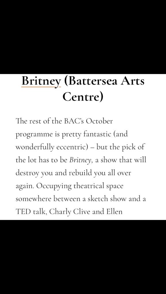 britneycomedy's tweet photo. Thank you @ThePanopticUK for this very lovely recommendation for our show Britney at The Battersea Arts Centre 16th-17th Oct. link in bio https://t.co/Kfk5HwwyM8