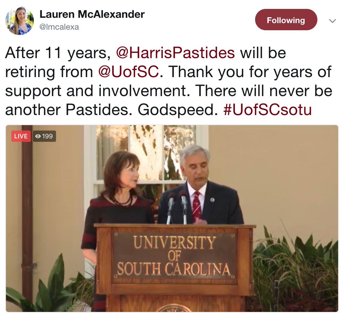 UofSC's tweet image. Already, we're overwhelmed by the response from you to @HarrisPastides and @PMoorePastides announcement of their retirement. Share your memories and photos using #ThankYouPastides. We'll be retweeting them all day. #UofSCsotu