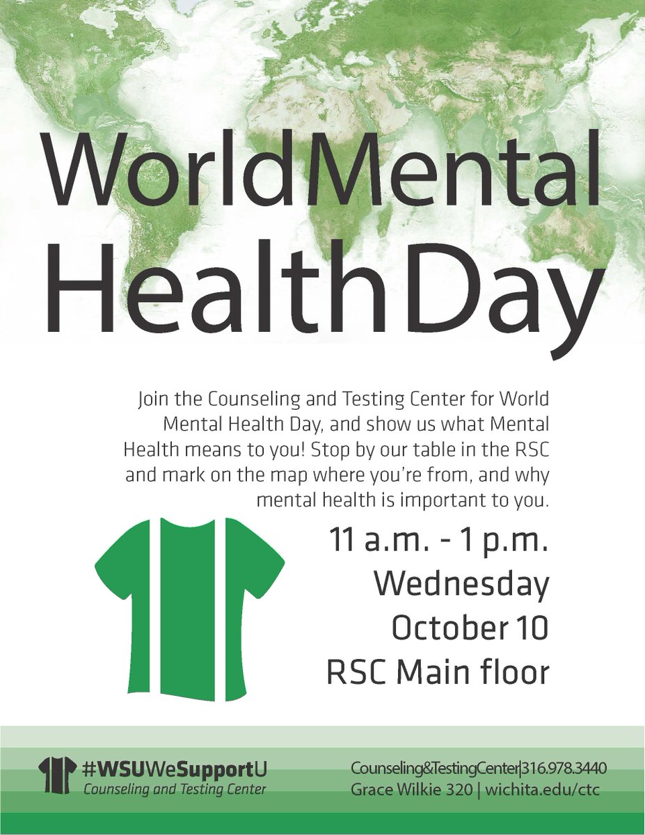 ShockersCAPS's tweet photo. Join the Counseling and Testing Center for World Mental Health Day, and show us what Mental Health means to you! Stop by our table in the RSC and mark on the map where you’re from, and why mental health is important to you. https://t.co/CfKDXrZiw8