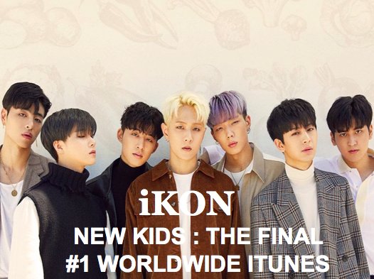 WORLDMUSICAWARD's tweet photo. #iKON's new Album #NewKidsTheFinal reigns for a 2nd day atop the Worldwide iTunes Album chart!👏1⃣🌎🎵🕺🕺🕺🕺🕺🕺🕺👑
https://t.co/s5cp7CWHKG https://t.co/pE16No58Fu