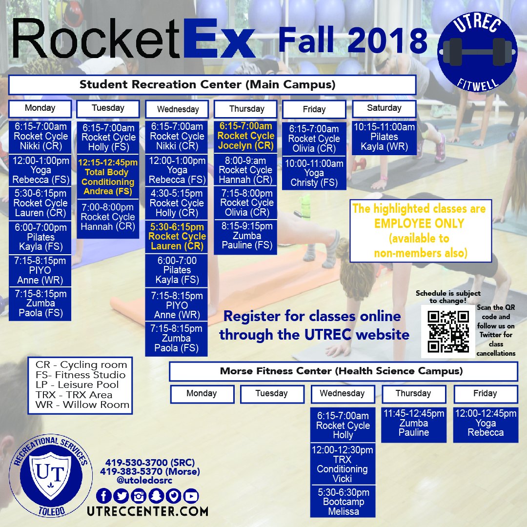 UToledoREC's tweet photo. Did you know there are cycling classes at UTREC every week day? Check out the RocketEx schedule and find a Rocket Cycle class that works for you! #WellnessWednesday #RocketEx #FitWell https://t.co/yGOLDbflfP