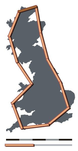 Imaginemos, por un momento, que tratamos de medir la costa de Inglaterra con una regla enorme que mide 200 km. En ese caso, la longitud obtenida sería de 2 400 km. Una aproximación demasiado tosca.