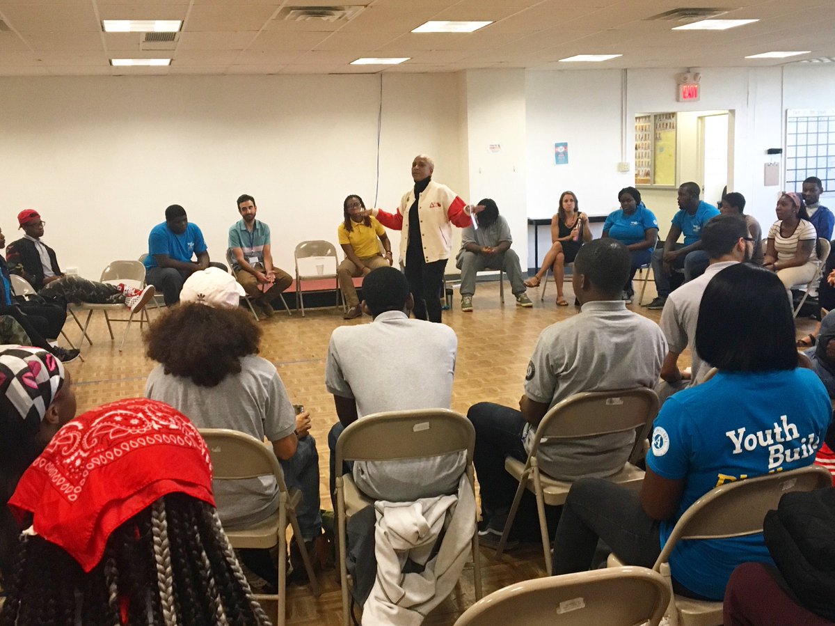 YouthBuildPHL's tweet photo. Voter Registration deadline is right around the corner on 10/9, so it's only right that we discuss the importance of making your voice heard by #RockingtheVote. In Village Meeting we discussed how to be an informed voter with @phillydeltas. Be heard. Make change. Get registered. https://t.co/L4EV7L2Po7