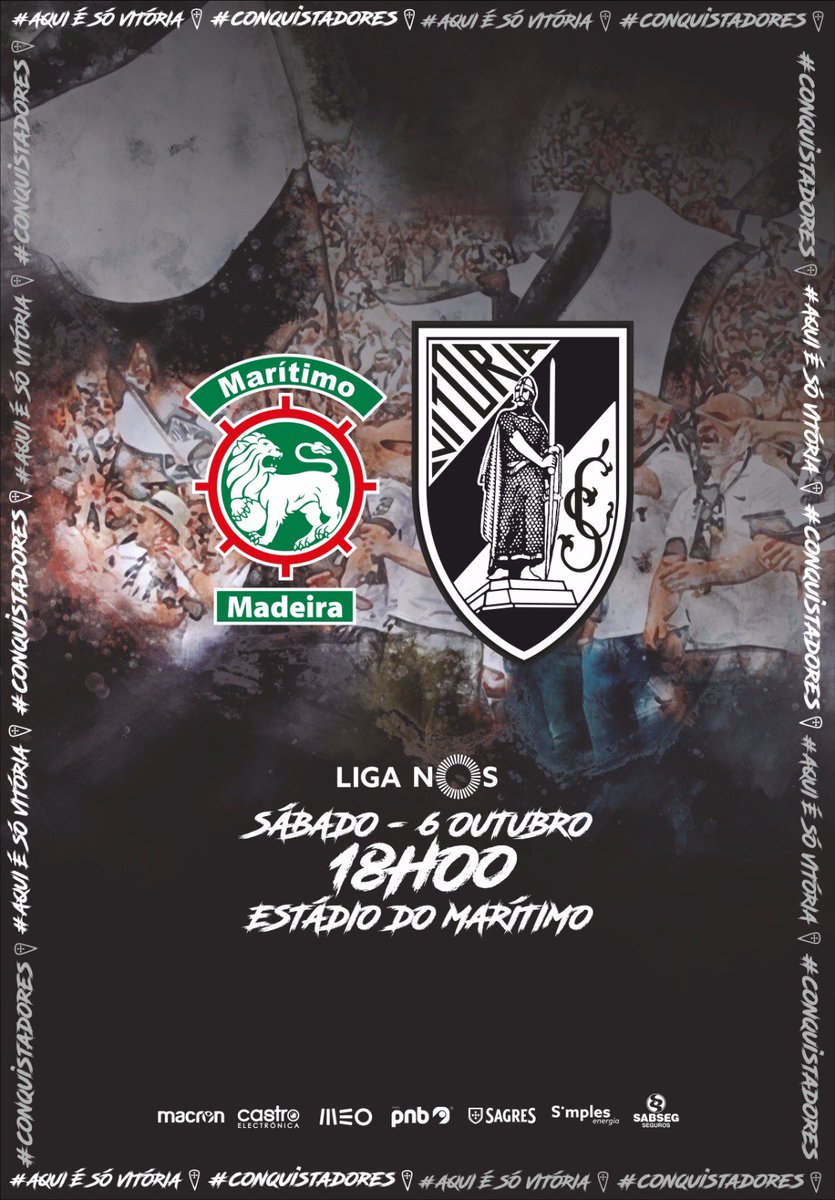 VitoriaSC1922's tweet photo. ⚽️ CSMarítimo Madeira 🆚 Vitória Sport Clube
🏆 Liga NOS
🏟️ Estádio do Marítimo
📺 SPORT TV
👉 Bilhetes à venda na Madeira
#AquiÉSóVitória #Conquistadores #LigaNOS #CSMxVSC https://t.co/znMerb3G8A