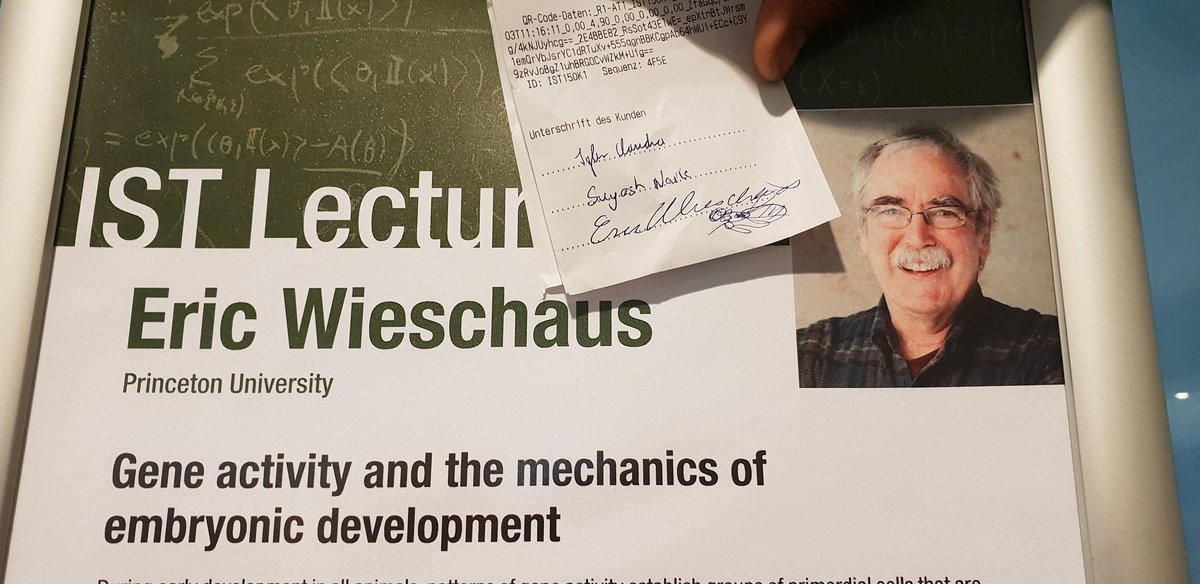HeisenbergCPLab's tweet photo. Eric Wieschaus's signature of course has a fly! Looking forward to his lecture at @ISTAustria this evening! https://t.co/y95ngUx7JD
