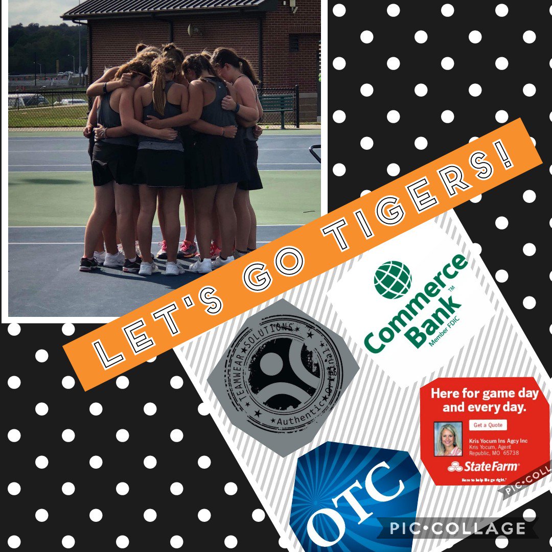 RepMoBoostrClub's tweet photo. Let's GO RepMo Tigers Tennis! 🐯🎾 District Championship match starts at 4pm with RepMo v. Joplin @ RHS.🐯🎾 
📣AND- Republic Tigers Booster Club meeting @ 6pm in the library at RHS📣
 #RepMoProud @RepublicTennis #otc #krisyocum #teamwearsolutions #commercebank https://t.co/ApGEagjLuo