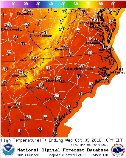 NWSWilmingtonNC's tweet photo. Sadly, no fall weather in our forecast for at least the next week. Dry and unseasonably warm weather in our area for the rest of the week, with highs around 90. A weak cold front could lead to isolated showers this weekend. #ncwx #scwx https://t.co/HHnBJkSAoI
