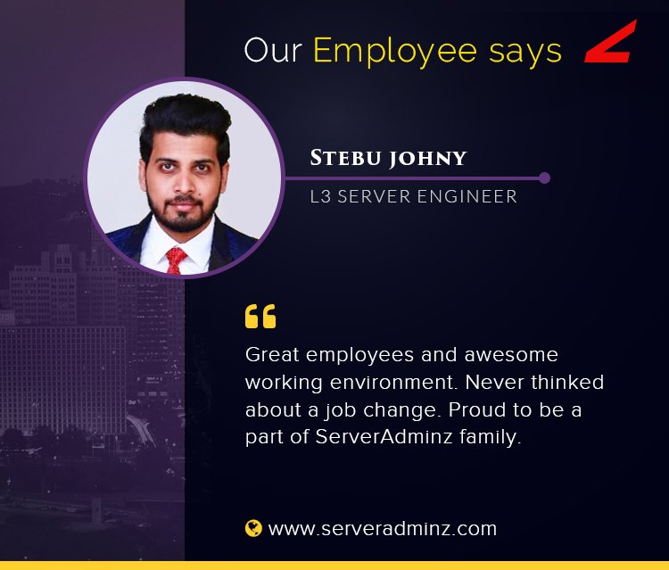 serveradm1nz's tweet image. You are our company’s perfect catch and an asset to @serveradminz.
Thank you Stebu, for sharing the review about @serveradm1nz and bringing your positive attitude to work every day.

#L3ServerEngineer #EmployeeReview #WebhostingSupport #ServerManagementCompany #ServerSupport