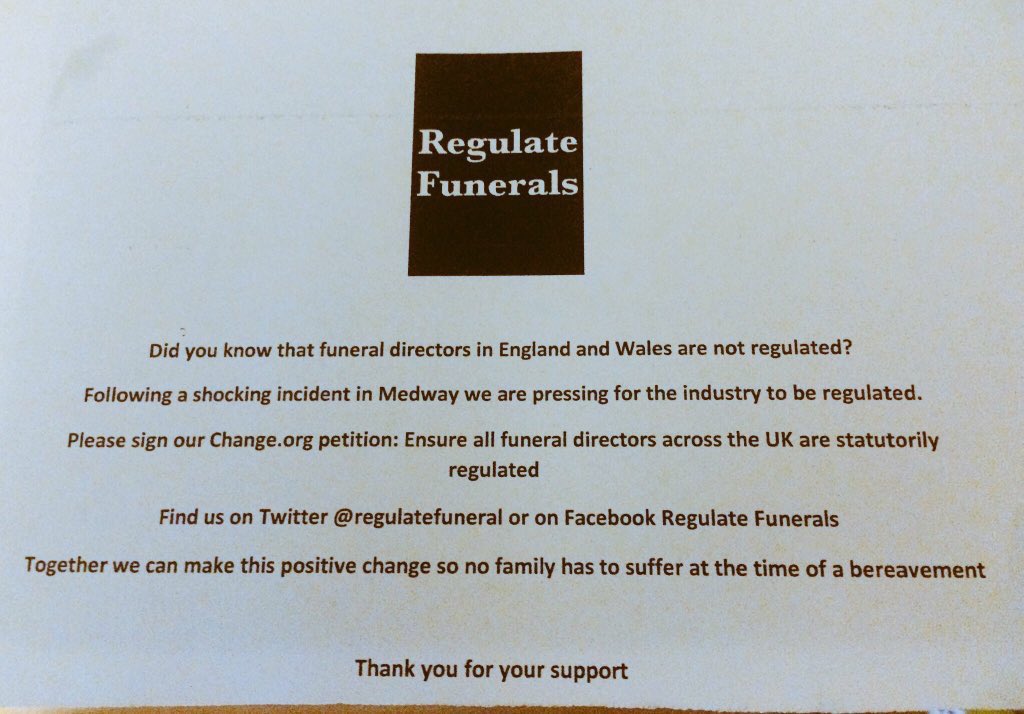 RegulateFuneral's tweet photo. If you've attended #CPC18 this week please take two minutes to share our campaign for regulation of the funeral sector following a tragic situation in Medway. https://t.co/D2czVTreO5