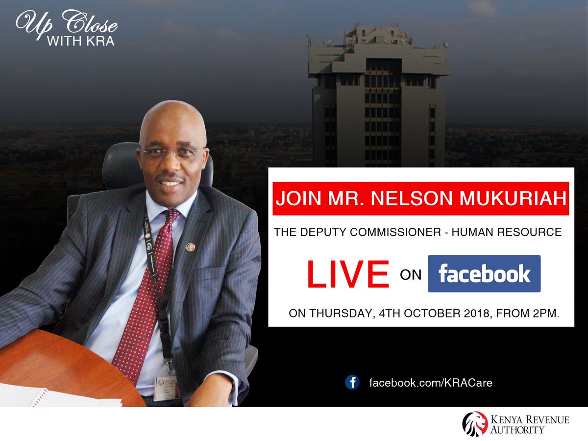 KRACare's tweet photo. Ever wondered how recruitment process is done at KRA? Well, here is a chance to engage our Deputy Commissioner Human Resource Mr. Nelson Mukuriah tomorrow at 2 pm for a 101 on https://t.co/ewWhfhzi9Z on HR matters.
#UpcloseWithKRA
#CSWeek2018.
@icx_kenya https://t.co/N6kvEBgfQT