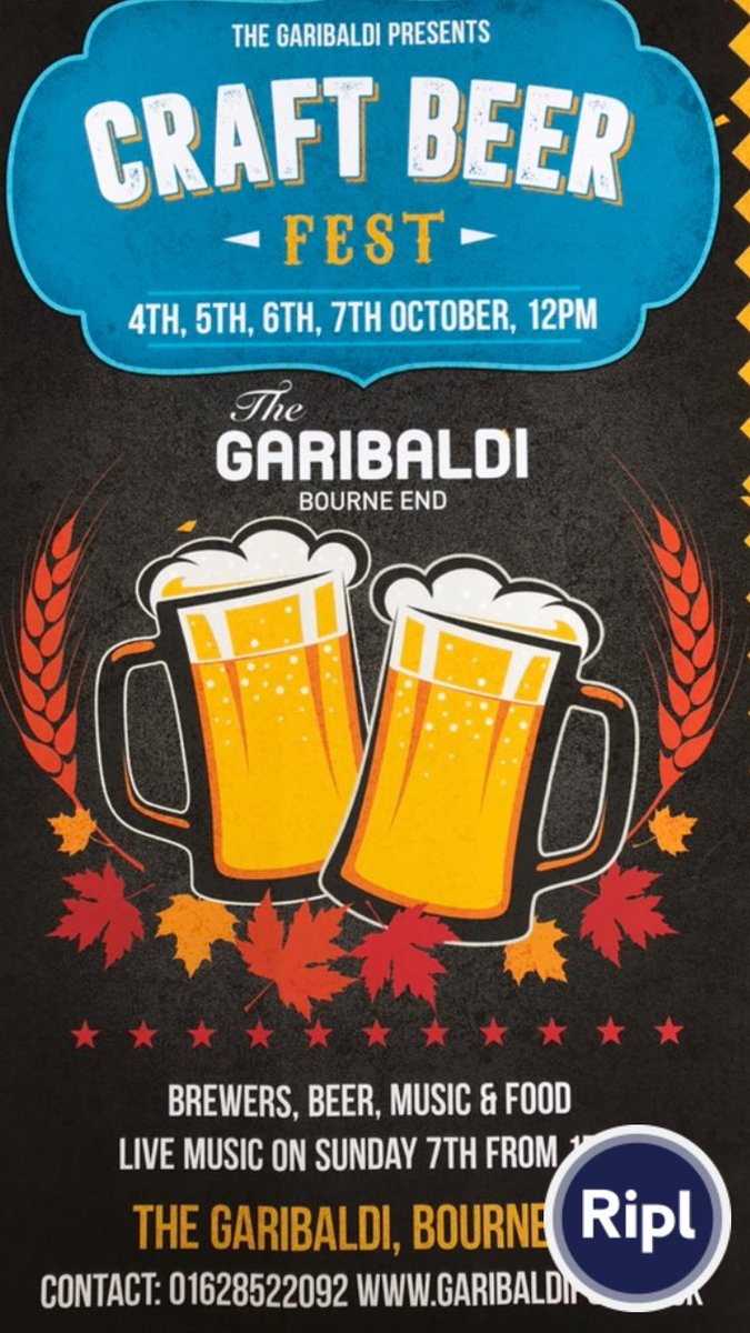 Craft Beer Fest at The Garibaldi.
Date: 4th to the 7th Oct
Live Music from 1pm on the 7th Oct.
20 different Ales available while stocks last! #beerfest #bourneend #thegaribaldi #livemusic via ripl.com