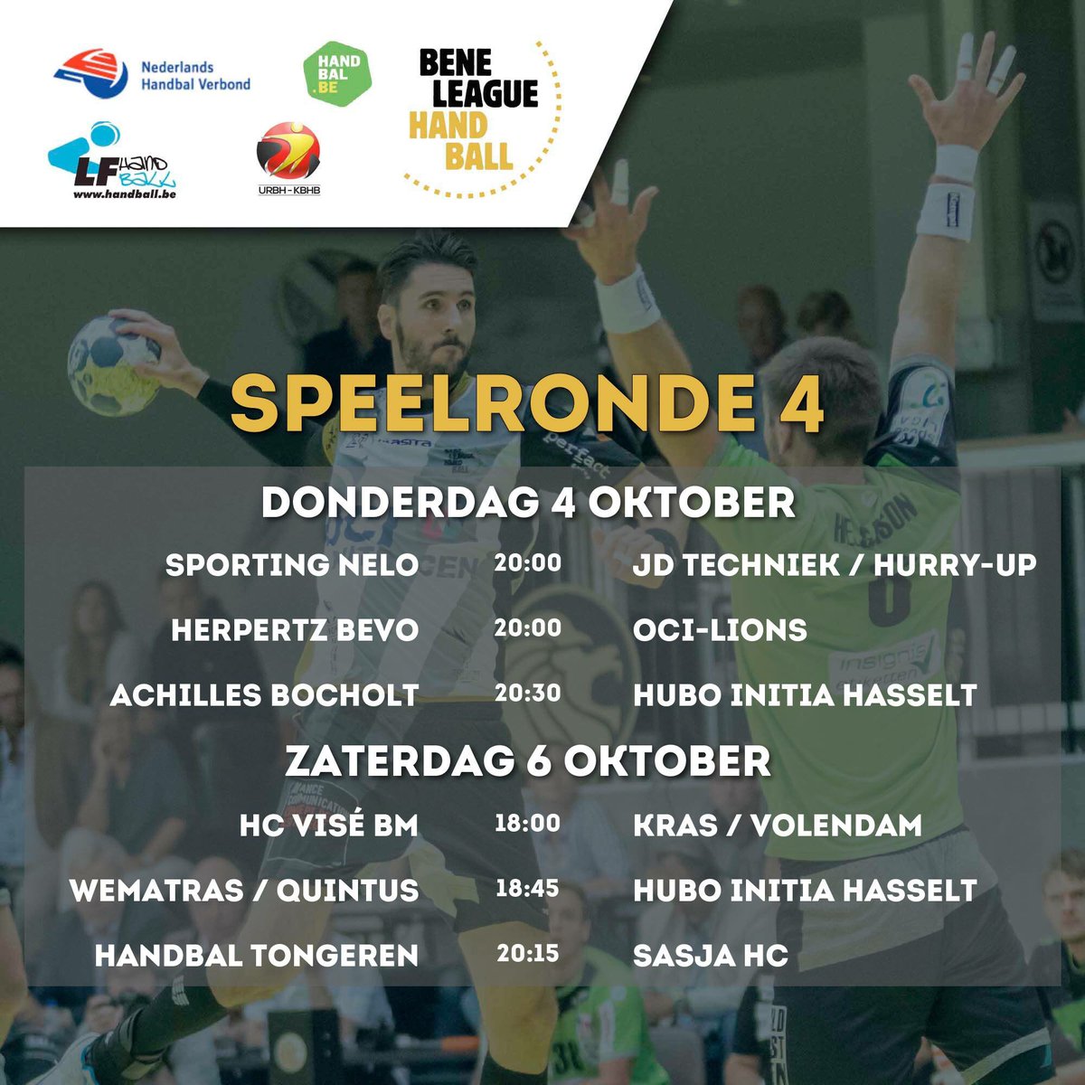 BENE_League_H's tweet photo. Morgenavond start speelronde 4!🤾‍♂️ Zorg dat je geen minuut mist van deze 6️⃣ topwedstrijden. #bnlhandball #matchcenter https://t.co/TB9iwz4lya