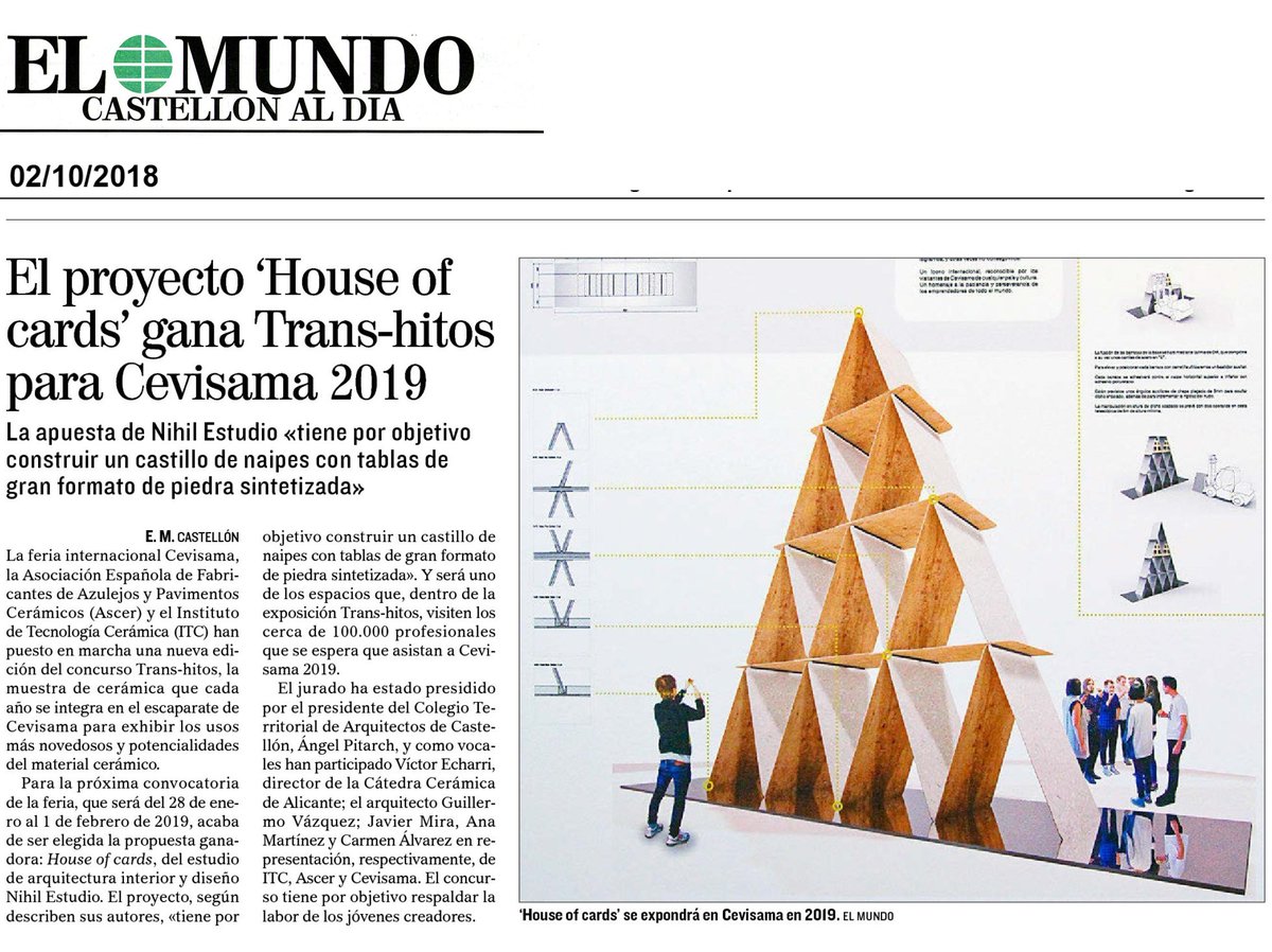 ArquitectosCTAC's tweet photo. HOUSE OF CARDS, la propuesta presentada por @nihilestudio, ha sido la ganadora del concurso TRANS-HITOS y se podrá visitar en la próxima edición de @Cevisama .
https://t.co/oBT24FSTwW https://t.co/H39kv5AMN5