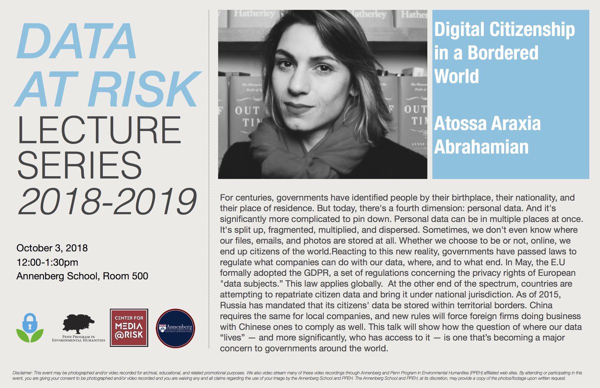 DataRefuge's tweet image. Today at lunchtime @atossaaraxia  talks to us about #digitalcitizenship, our first talk of four, part of a lecture series called #dataatrisk. @ASCmediarisk @AnnenbergPenn @PPEHLab