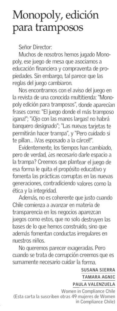 Comparto carta enviada a EM por el grupo Women in Compliance acerca del juego “Monopoly para Tramposos” una lamentable iniciativa de <a href="/Hasbro/">Hasbro</a> q en nada ayuda a promover una cultura anti corrupción <a href="/Mineduc/">Ministerio de Educación</a> <a href="/Educacion2020/">Educación 2020</a> <a href="/SusanaSierral/">Susana Sierra</a> <a href="/La_Segunda/">laSegunda</a> <a href="/biobio/">BioBioChile</a> <a href="/ACCION_Empresas/">Acción Empresas</a>