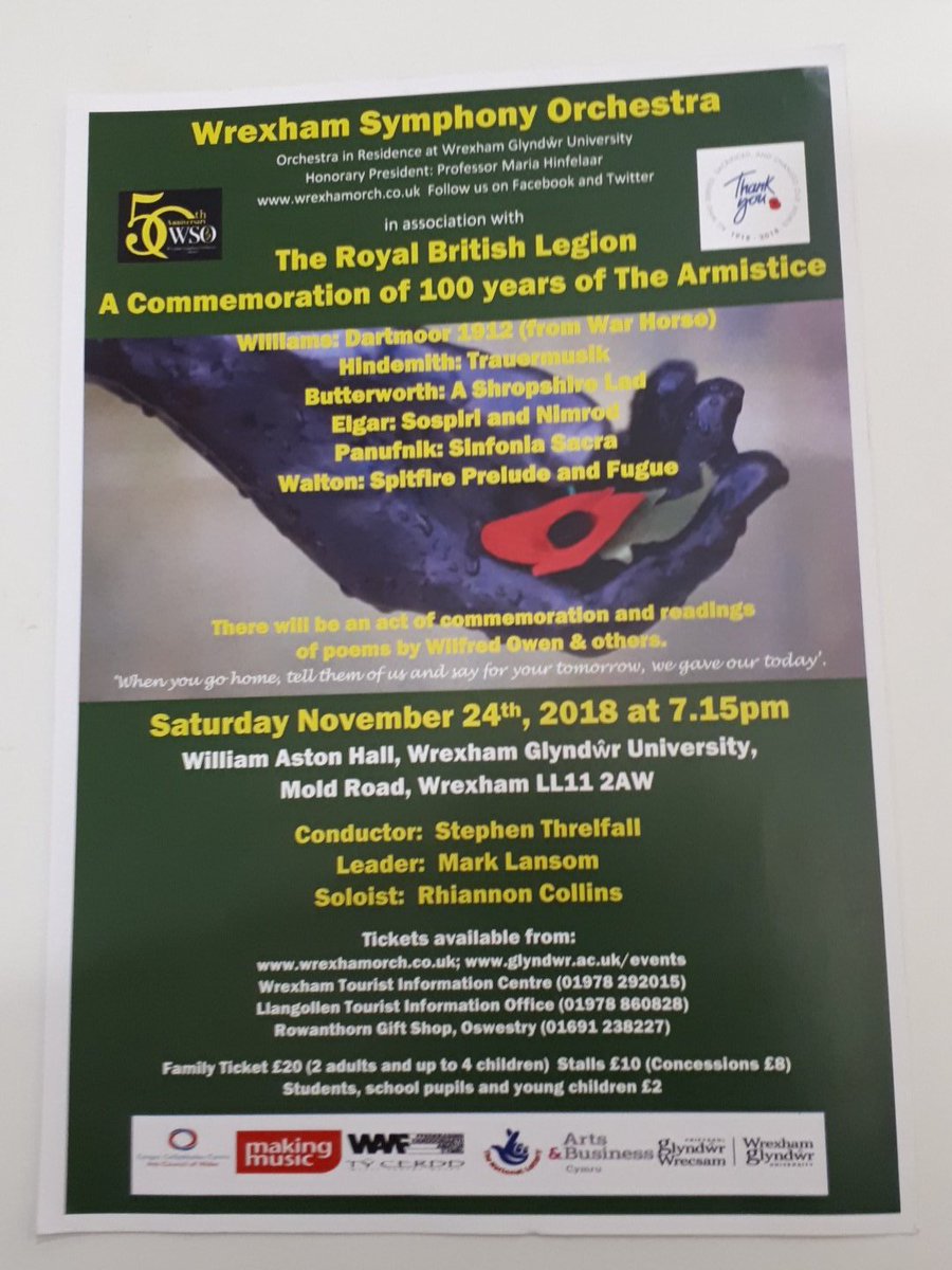 wsoproms's tweet photo. Wrexham Symphony Orchestra are collaborating with the Royal British Legion in marking the 100 years since The Armistice in a special concert on Sat 24th November in the WAH at Glyndwr Uni....tickets now on sale....will be a brilliant memorable concert https://t.co/02i0vfVC89