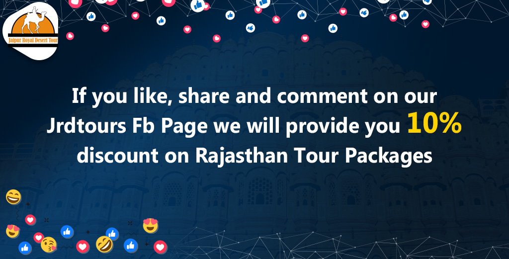 jaipurrdt's tweet photo. If you Like, Share, and Comment on our JRDTOURS FB page we will provide you 10% discount on Rajasthan Tour Packages.........

https://t.co/TGJT8IP33D👈👈👈

#facebook #facebookpage #discount #discounts #off #jrdtours #rajasthan_tour_operators_in_jaipur #like #comment #share https://t.co/TAIO5G1eO8