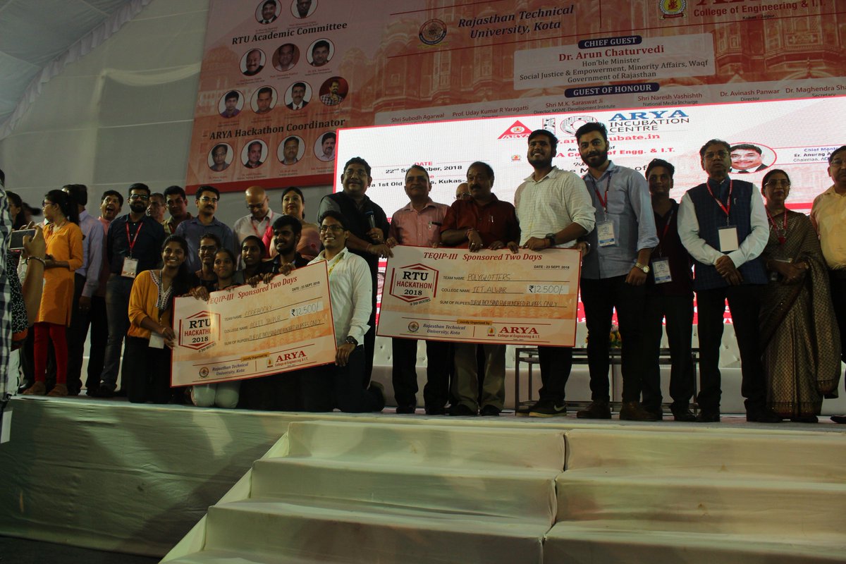 IncubateIND's tweet photo. Congratulations Team #Codebooky and #Polyglotters for becoming the second #RunnerUp at #RTUHackathon2018 at @aryacolleges.
#RTUHack18 #Hackathon #RTUHackathon #RTUHack @rtu_kota https://t.co/xub4EQcSr6