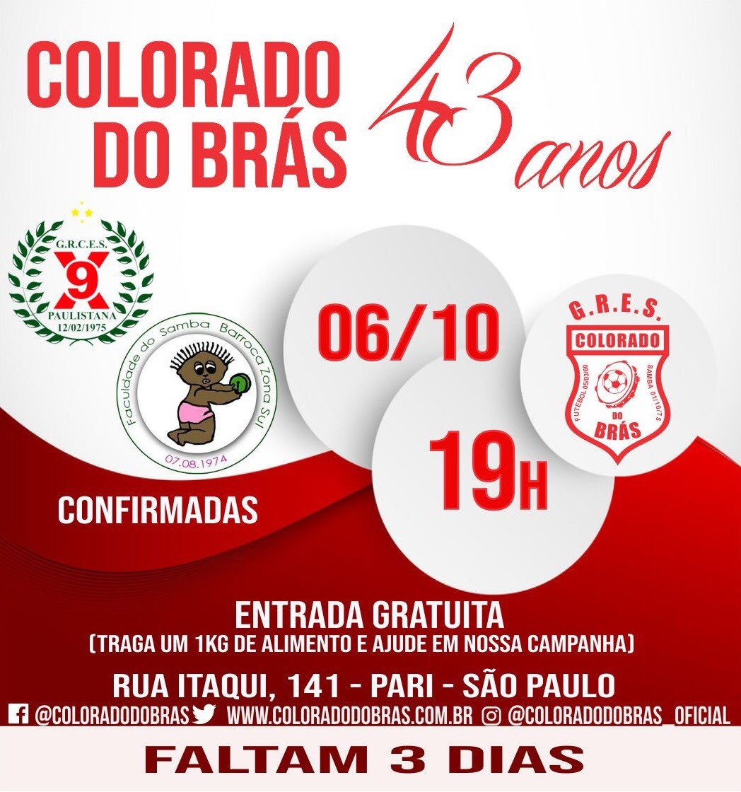Faltam 3 dias...

Dia 06/10 às 19h 
Reserve essa data, traga a família e amigos.
Atrações: X9 Paulistana e Barroca Zona Sul.

Traga a família e amigos!
Entrada Gratuita 
#HakunaMatata #ColoradoDoBras #43AnosDeHistoria

🥁⚪️🔴