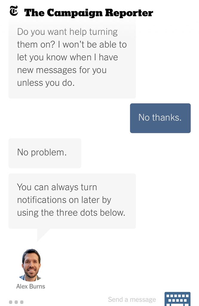 campaign reporter app from NYT - telling it “no thanks” to turn on annoying phone notifications - they are polite about it!