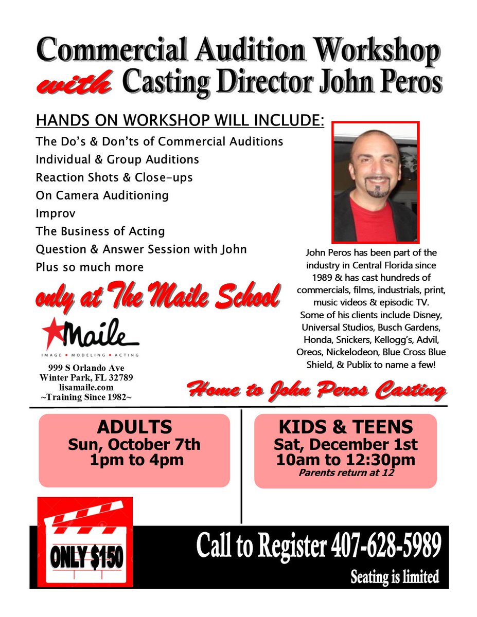LevelTalentGrp's tweet photo. KIDS/TEENS CLASS ADDED! JUMP ON THIS OPPORTUNITY!!!!
There are a FEW spots left for this weekend's ADULT SMALL-GROUP COMMERCIAL  WORKSHOP on Sunday, 10/7 and they have added an ADDITIONAL KIDS/TEENS  SMALL-GROUP COMMERCIAL WORKSHOP on SATURDAY, 12/1 #LevelTalentGroup #JohnPeros https://t.co/XdKcySOy8i