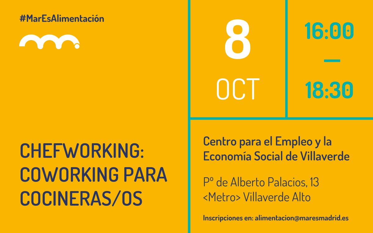 MARES_Madrid's tweet photo. 👩🍳🍴¿Tienes un proyecto de restauración y necesitas diseñar tu oferta gastronómica? ¡Apúntate al #Chefworking y resuelve todas tus dudas!
Próxima sesión: lunes 8, 16h. (Pº Alberto Palacios, 13) #Villaverde Inscripciones: alimentación@maresmadrid.es 👉 https://t.co/8EgL95m8ZB https://t.co/r7kFk9I6zU