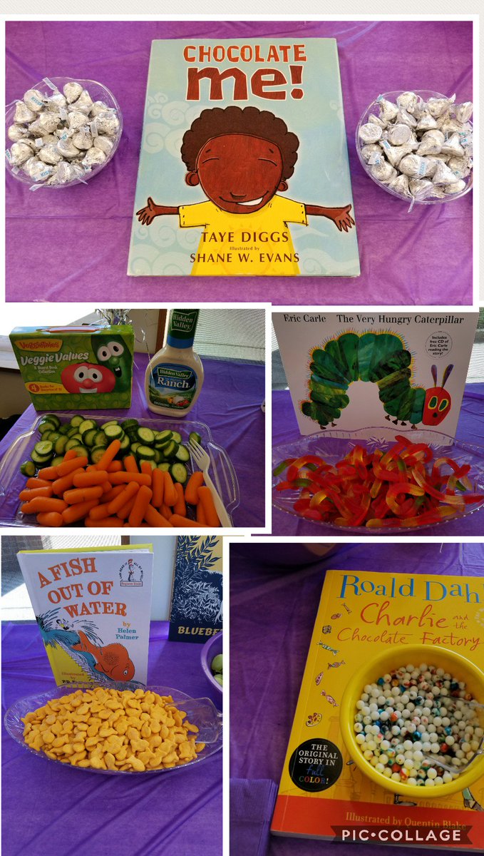 elena_reads's tweet photo. Book-themed snacks from my party! @TayeDiggs #doubledigits #chocolateme #veggietales #elenareads #Ilovebooks #charlieandthechocolatefactory #birthdaygirl #theveryhungrycaterpillar https://t.co/TccznBfvT9