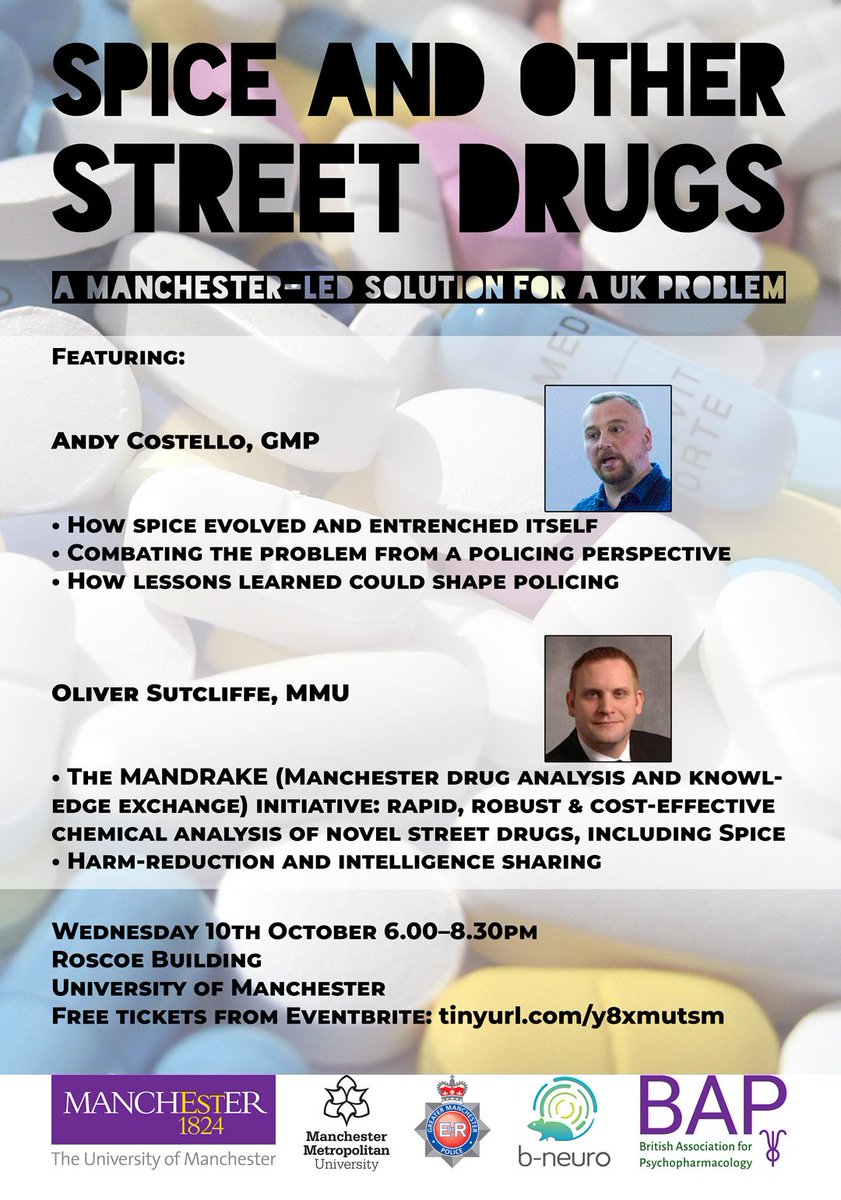 FREE LECTURE: On Wednesday 10th October at 6pm <a href="/andyc1864/">Andy Costello</a>  and <a href="/sutcliffeob/">Dr Oliver Sutcliffe</a> will discuss how Manchester is taking the lead on street drug policy.  "Spice and other street drugs: a Manchester led solution for a UK problem" <a href="/b_neuro/">Jo Neill</a> <a href="/FBMH_UoM/">UoM Biology, Medicine and Health</a> #harmreduction #spice #manchester