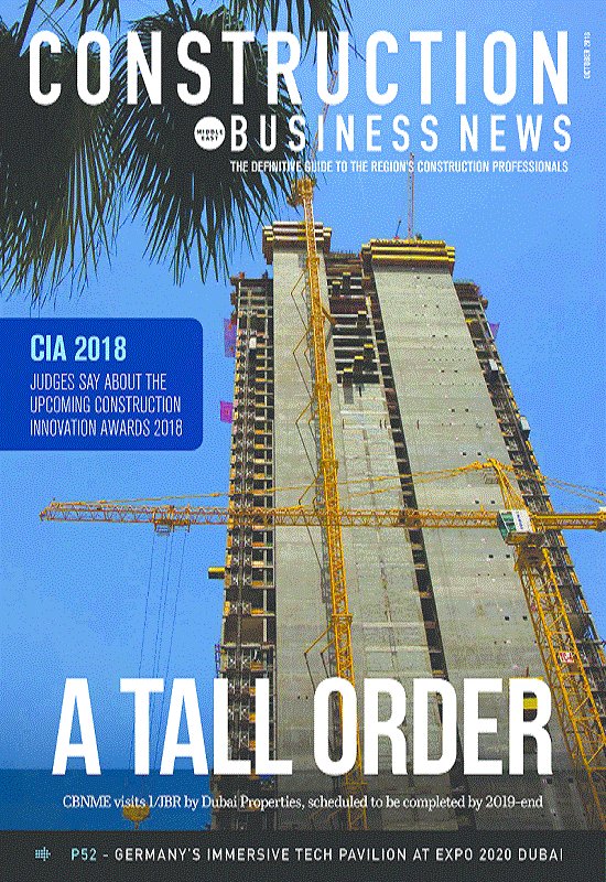 CBN_ME's tweet photo. The #October 2018 issue of Construction Business News ME features the beautiful 1/JBR project by @DubaiProperties and @EDGEdesign_, the judges' testimonials for #CBNMEAwards18, and details about the German pavilion at @expo2020dubai - https://t.co/gh3ztajIvM https://t.co/Yaz7bWzjET