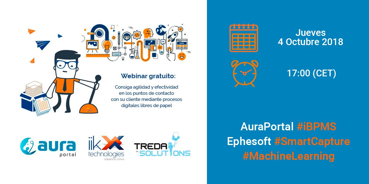 AuraQuantic's tweet image. Últimas plazas para el #webinar del 4 Octubre donde descubrirá cómo puede implementar procesos ágiles y eficientes con el uso de las tecnologías AuraPortal #iBPMS y Ephesoft #SmartCapture + #MachineLearning. ¡Regístrese ya! goo.gl/Ej6anQ