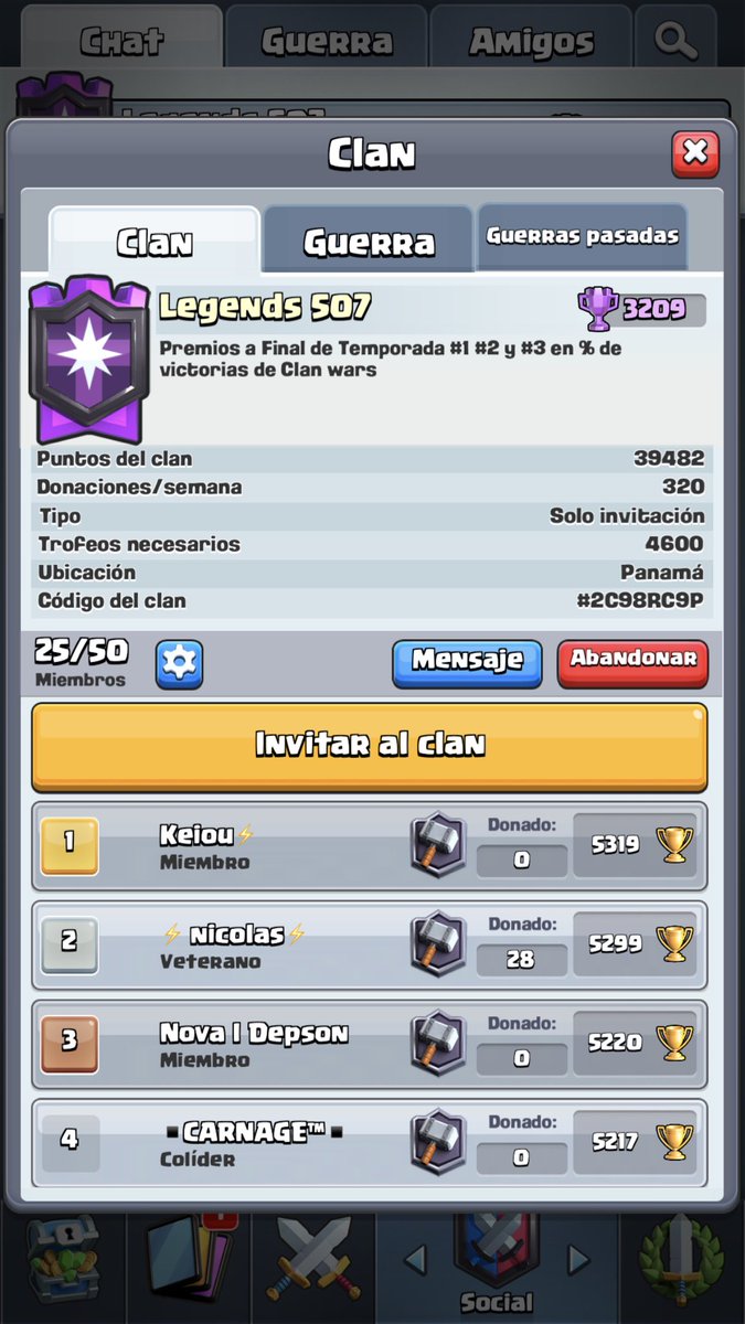 De esta manera culminamos nuestra temporada #1 en liga legendaria 

Los siguientes jugadores obtuvieron el mayor porcentaje de victorias en Clan Wars 

#1 <a href="/Roboidej/">Roboidej</a> 

#2 <a href="/Juan95278296/">Juan JaAs</a> 

#3 @AbbadonCr 

Únetenos 

Nueva temporada Nuevos premios 🏆💎💳