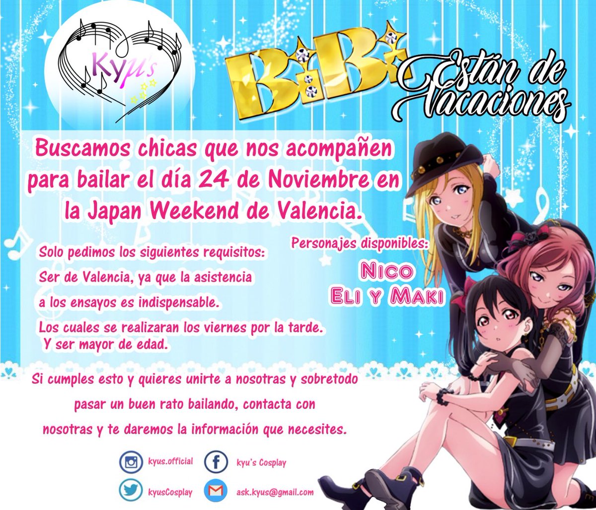 ¡Gente de Valencia! ¡Buscamos a una Nico, una Maki y a una Eli para la Japan Weekend de Valencia! Por favor, ¡contactad con nosotras y difundid! ✨✨✨✨