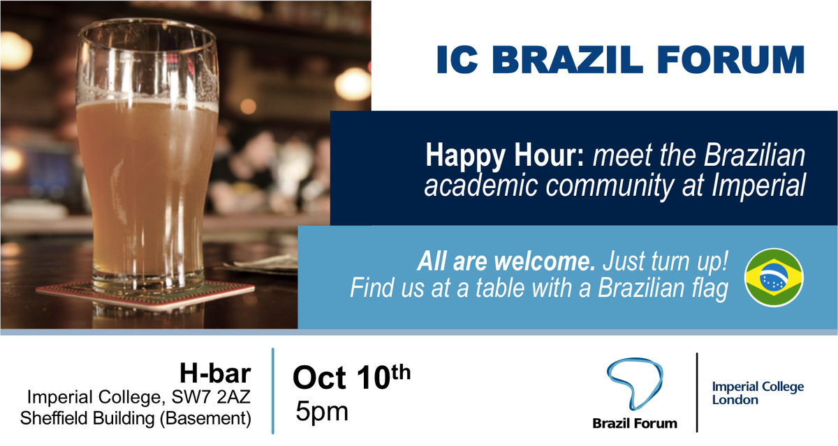 ICBrazilForum's tweet photo. Next Wednesday (10), at 5pm, the @ICBrazilForum is hosting an informal happy hour at h-bar, South Kensington Campus. Meet the Brazilian academic community at Imperial College. All are welcome, just turn up!

For more details → https://t.co/ag3fpdDAYO https://t.co/55ZeSCET0o