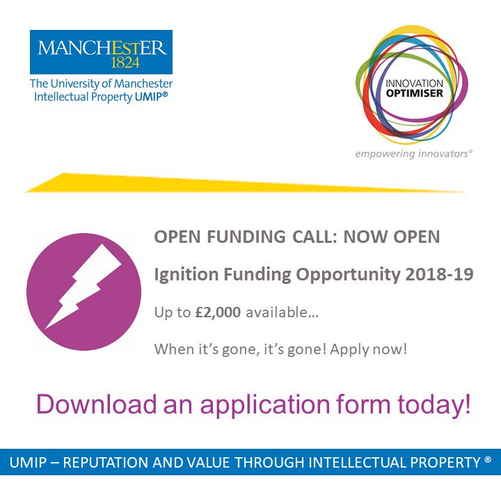 OPEN FUNDING CALL! Our #Ignition awards are now open! If you're a staff member, research student or graduate from <a href="/OfficialUoM/">The University of Manchester</a> and would like up to £2,000 to test out an idea for a start-up then APPLY NOW! bit.ly/2DUzB41 #InnovationOptimiser #EmpoweringInnovators