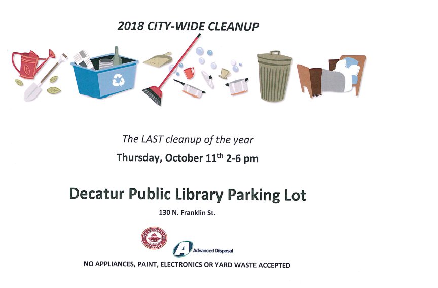 AccessDecatur's tweet photo. The LAST City wide cleanup for the year for Decatur residents is on Thursday, October 11th from 2-6 p.m. Please note the location has changed from the Civic Center Parking lot to the Decatur Public Library Parking Lot. https://t.co/yclyCLsveA