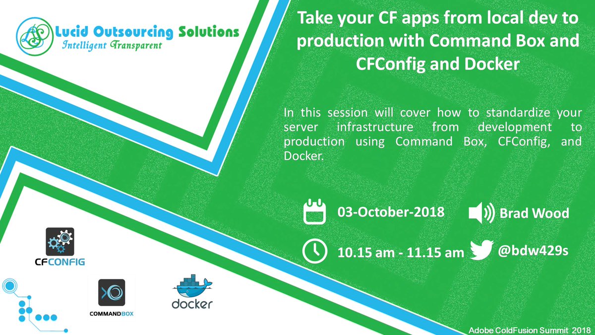 LucidSolutions_'s tweet image. #CommandBox, #CFConfig and #Docker. All three goodness in one session, learn from @bdw429s [October 3 10:15 am - 11:15 am]. #CFSummit2018 #lucidsolutions #coldfusiondevelopmentcompany @LucidSolutions_