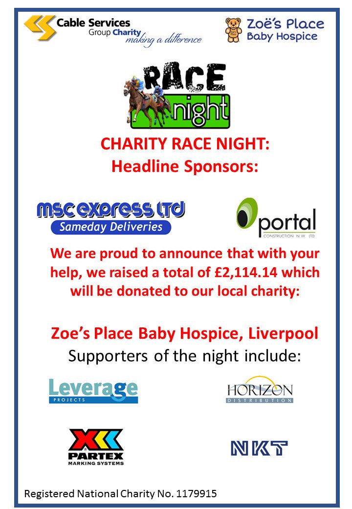 Cable_Services's tweet photo. We are please to announced we raised £2,114.14 at our Race Night in #Liverpool on Saturday night. Thanks to all those who attended and supported.  @nktcables @PartexUK #HorizonDistribution @LevProjects @portalnwltd All proceeds going to @Zoes_Place https://t.co/ljAcTp5P5W