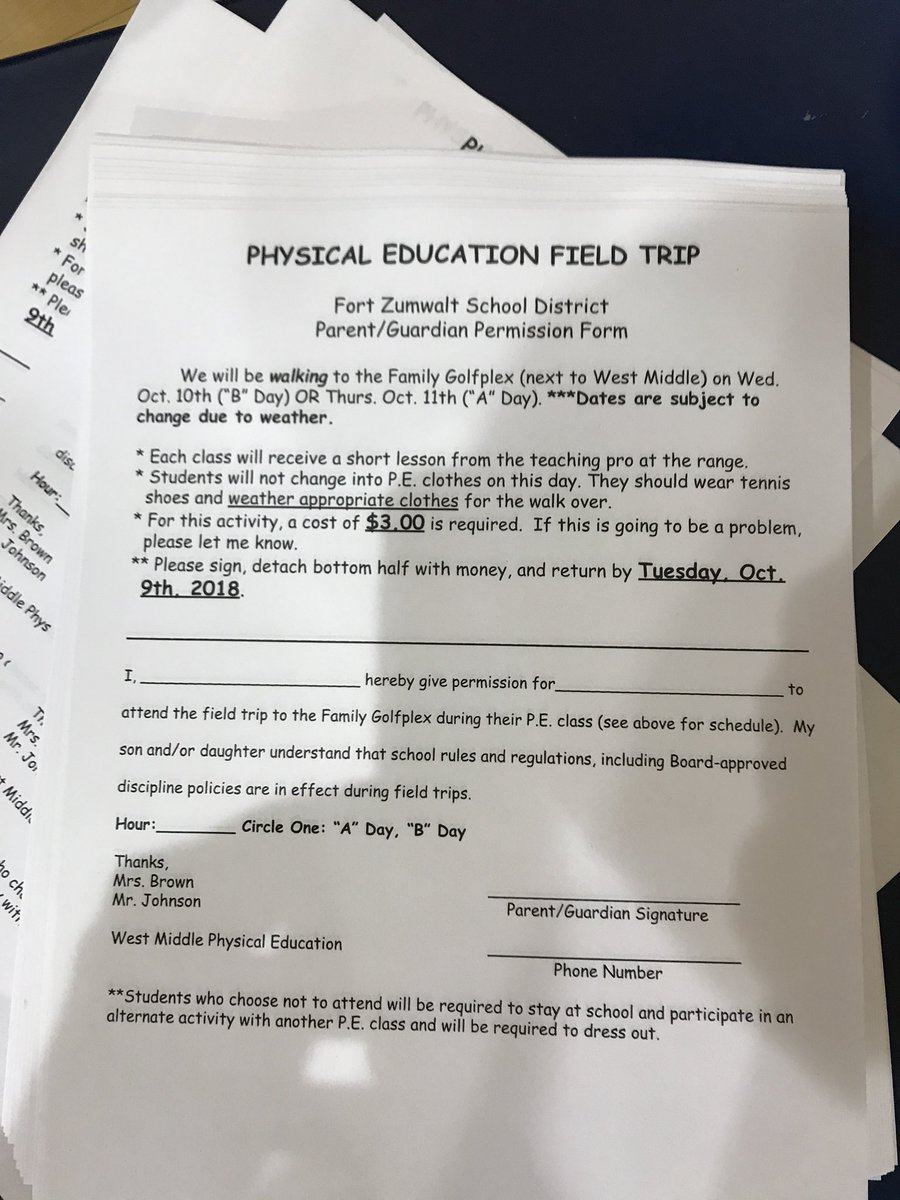 WMSPE's tweet photo. Golf field trip forms (8th, 6th, and Oetting) due Tuesday the 9th https://t.co/WBVvwz6sUP