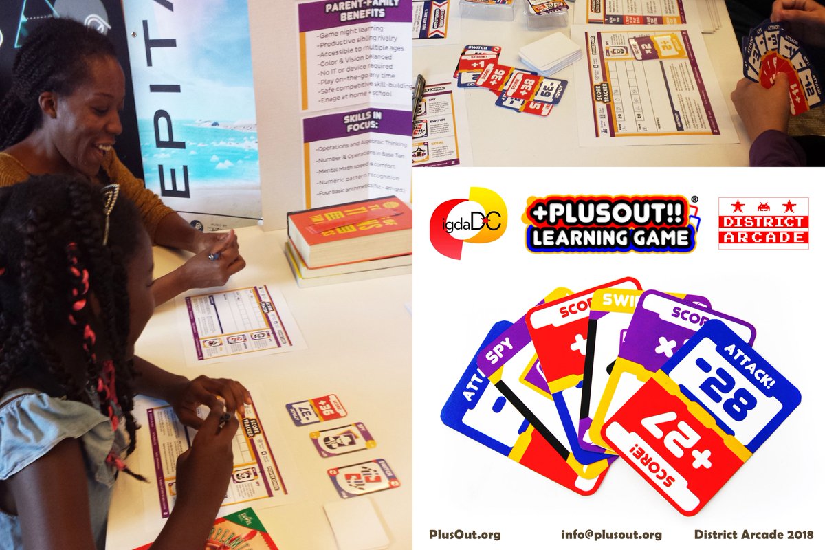 PLUSOUTGAME's tweet photo. Live from #DistrictArcade 2018, with kids and parents playing #PlusOut. Surprise Moment: Mom vs Daughter, going hit-for-hit in Points. Kid finally knocks Mom down to 0 points---then next turn passes Mommy 28 of her Boost points to stay in the game! Thanks @IGDA_DC. #learninggames https://t.co/y2HuTvFpo1