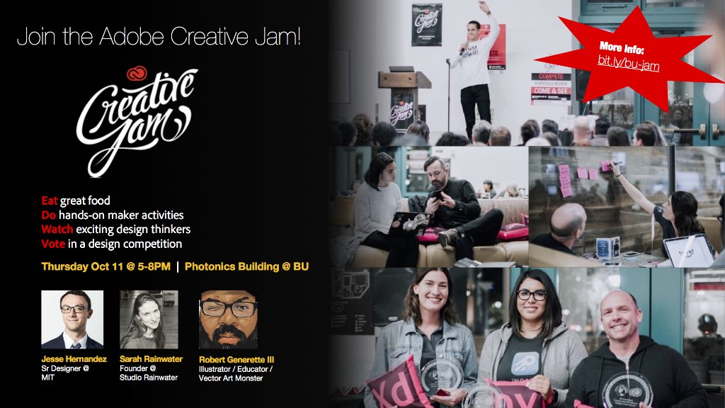Adobe #CreativeJam is coming to <a href="/BU_Tweets/">Boston University</a> October 11th! Incredible speakers <a href="/jessesans/">Jesse Sans</a> <a href="/sarahrainwater/">Sarah Rainwater</a> <a href="/Rob_Zilla_III/">ROB ZILLA III ⚡️</a> - FREE event + witness an epic showdown! spr.ly/6019DNAcT