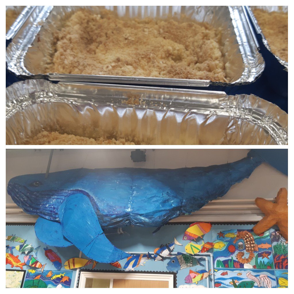 SOT_Enviro's tweet image. A tasty lunch @SAfoodforlife silver school #HeronCrossPrimary and a look around the school. Year 3 and 4 making Apple crumble from apples collected at last week's residential trip and a great ' caring for the sea ' display and a huge whale @HealthySoT @StokeLearning