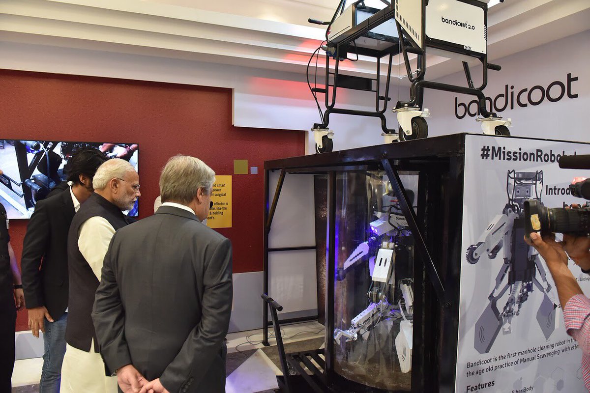 GenRobotic's tweet photo. We’re honoured to develop worlds 1st Manhole cleaning robot #Bandicoot to end #ManholeAccidents and #ManualScavenging from the face of earth.
Delighted to present before @PMOIndia @narendramodi and @UN Secretary General @antonioguterres.
@swachhbharat #MGISC #MissionRobohole https://t.co/kyEZchZilM
