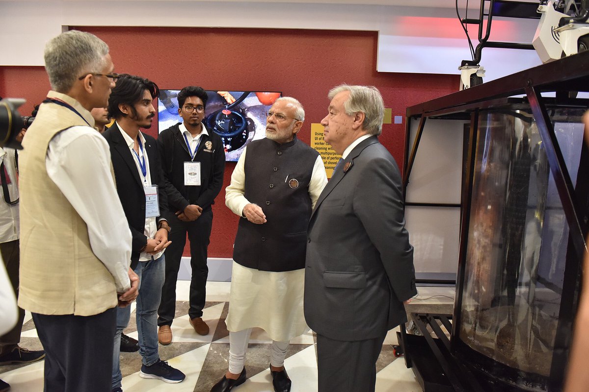 GenRobotic's tweet photo. We’re honoured to develop worlds 1st Manhole cleaning robot #Bandicoot to end #ManholeAccidents and #ManualScavenging from the face of earth.
Delighted to present before @PMOIndia @narendramodi and @UN Secretary General @antonioguterres.
@swachhbharat #MGISC #MissionRobohole https://t.co/kyEZchZilM